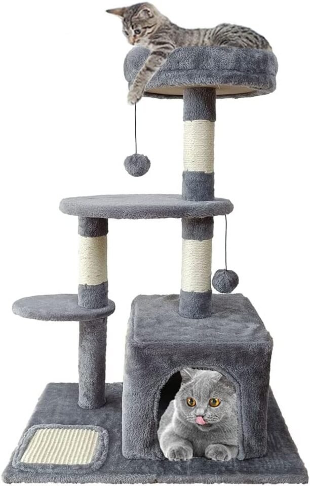 Indoor Cat Activity Tower with Scratching Posts and Cozy Beds (Grey)