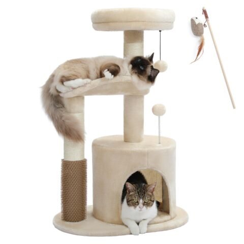 MUTTROS 32.7" Plush Cat Tower with Condo, Scratching Post, and Toys.