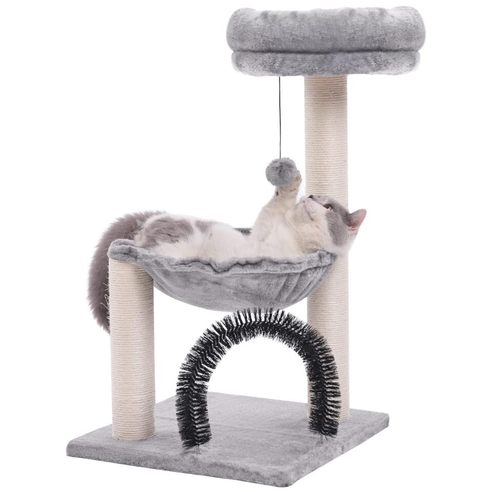Multi-Level 27.8-Inch Cat Tower with Scratching Posts and Plush Perch for Indoor Use
