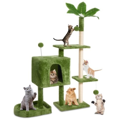 TSCOMON 52" Multi-Level Cat Tower with Green Leaves and Plush Condo